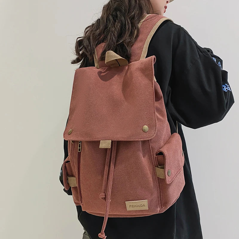 Japanese Flap Backpack Women Large Capacity Drawstring School Bag