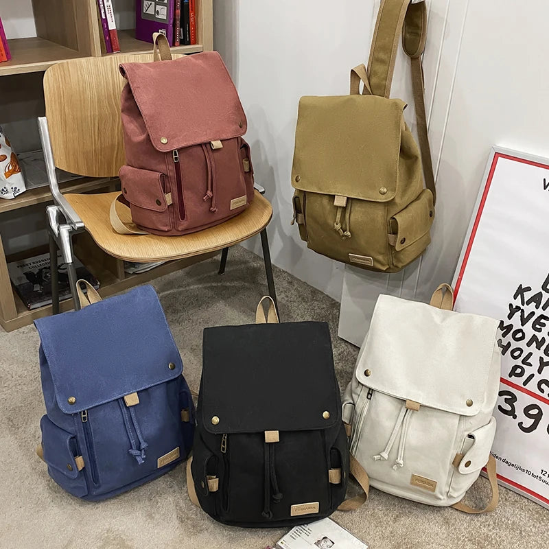 Japanese Flap Backpack Women Large Capacity Drawstring School Bag
