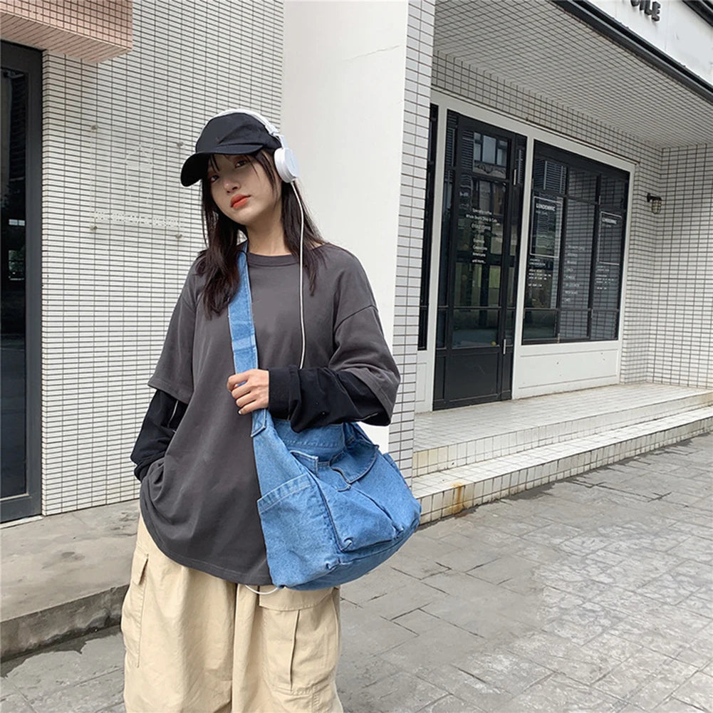 Japanese Harajuku Shoulder Crossbody Bags Retro Denim Handbag Large Capacity