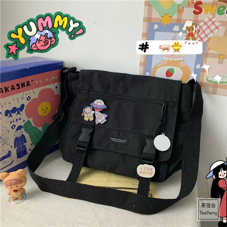 Japanese Harajuku Canvas Women Messenger Bag Solid Casual Shoulder Crossbody Bag