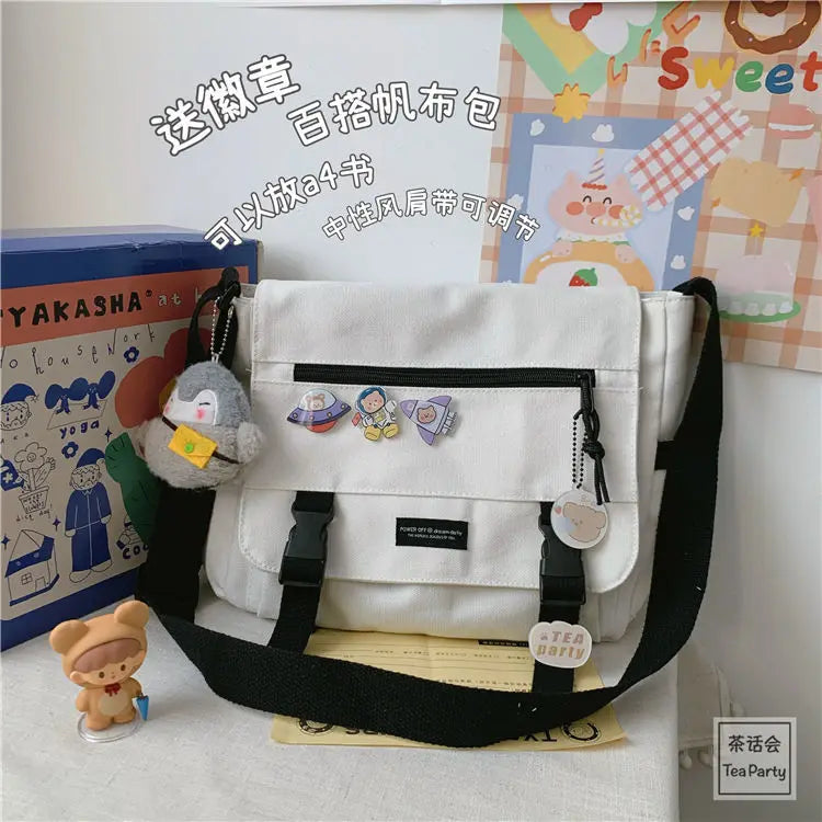 Japanese Harajuku Canvas Women Messenger Bag Solid Casual Shoulder Crossbody Bag