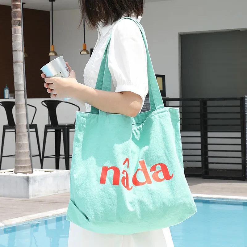 Japanese Letter Printed Shoulder Bag Washed Canvas Casual Art Handbag