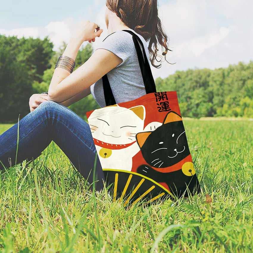 Japanese Lucky Cat Printed Tote Bag Linen Fabric Casual Tote