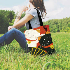 Japanese Lucky Cat Printed Tote Bag Linen Fabric Casual Tote
