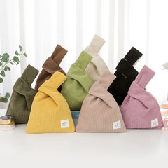 Japanese Mini Knot Wrist Bag Corduroy Women Top Handle Bag Purses Handbags