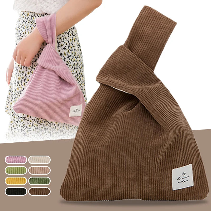 Japanese Mini Knot Wrist Bag Corduroy Women Top Handle Bag Purses Handbags