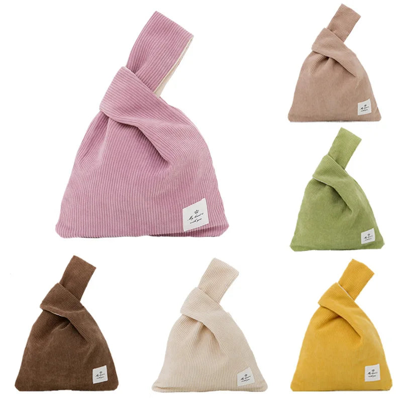 Japanese Mini Knot Wrist Bag Corduroy Women Top Handle Bag Purses Handbags