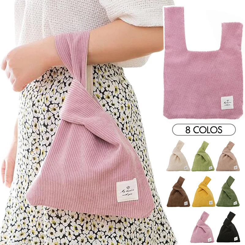 Japanese Mini Knot Wrist Bag Corduroy Women Top Handle Bag Purses Handbags