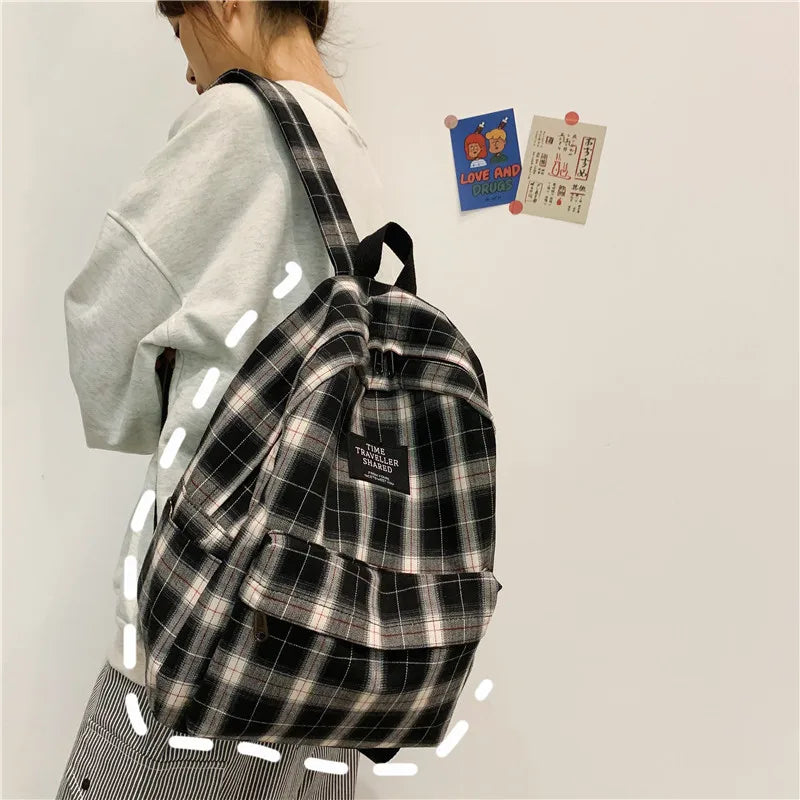 Japanese Plaid Backpack Women Large Capacity Schoolbag