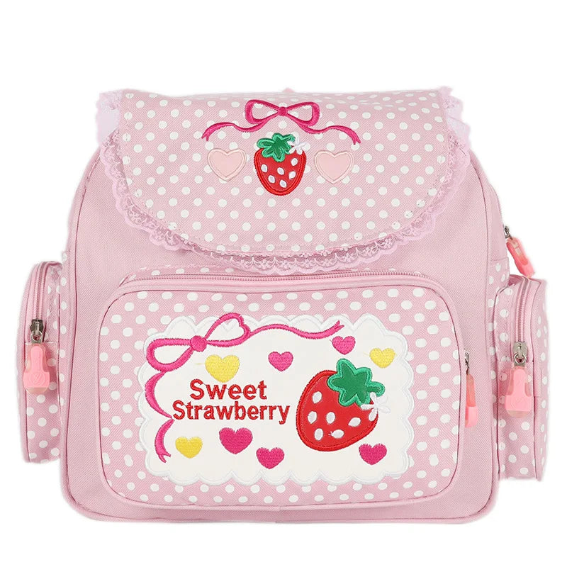 Japanese School Bags Backpack Soft Girl Sweet Embroidered Fruit Strawberry Lace