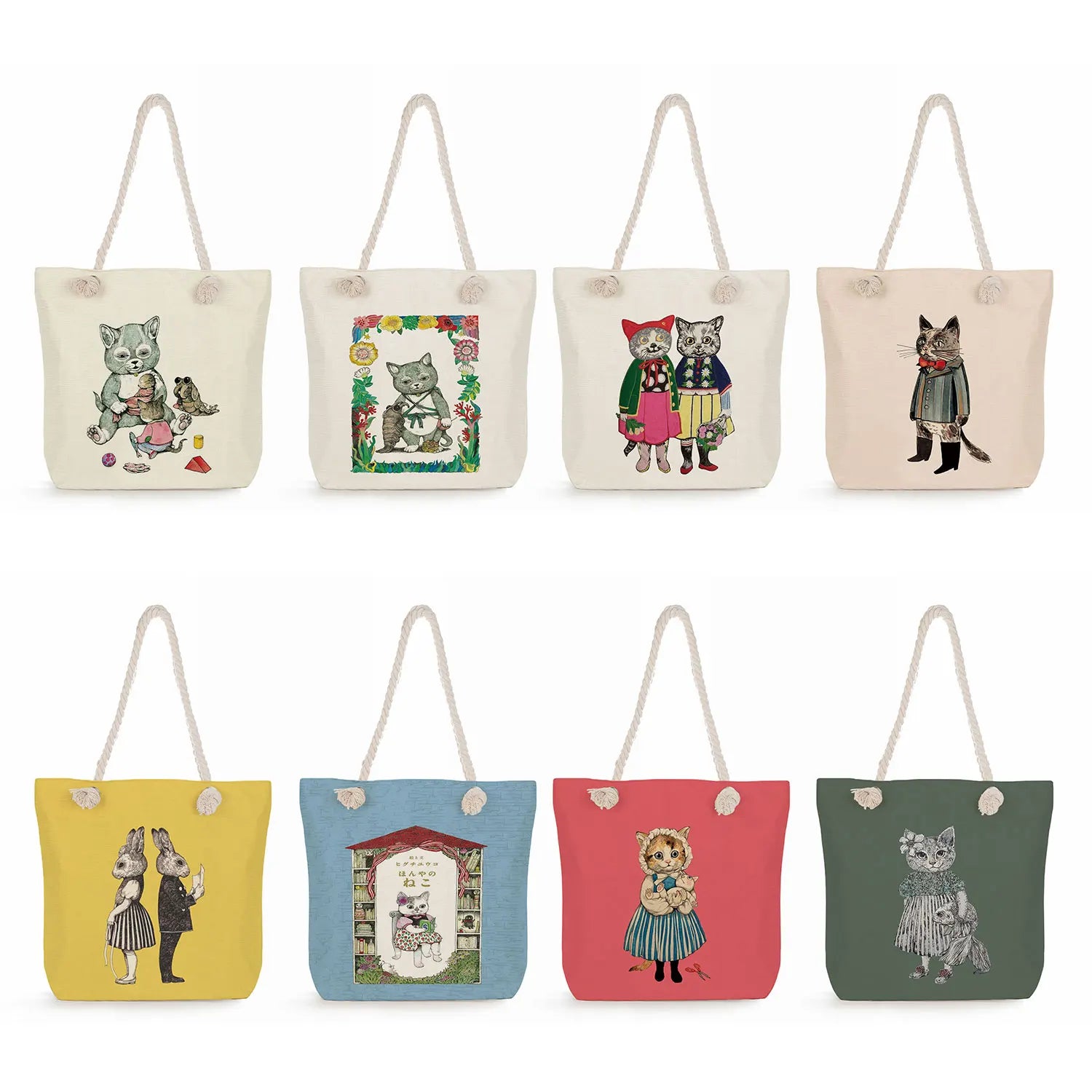 Japanese Style Cat Girl Print Handbag Thick Rope Bag Lady Shoulder Bag