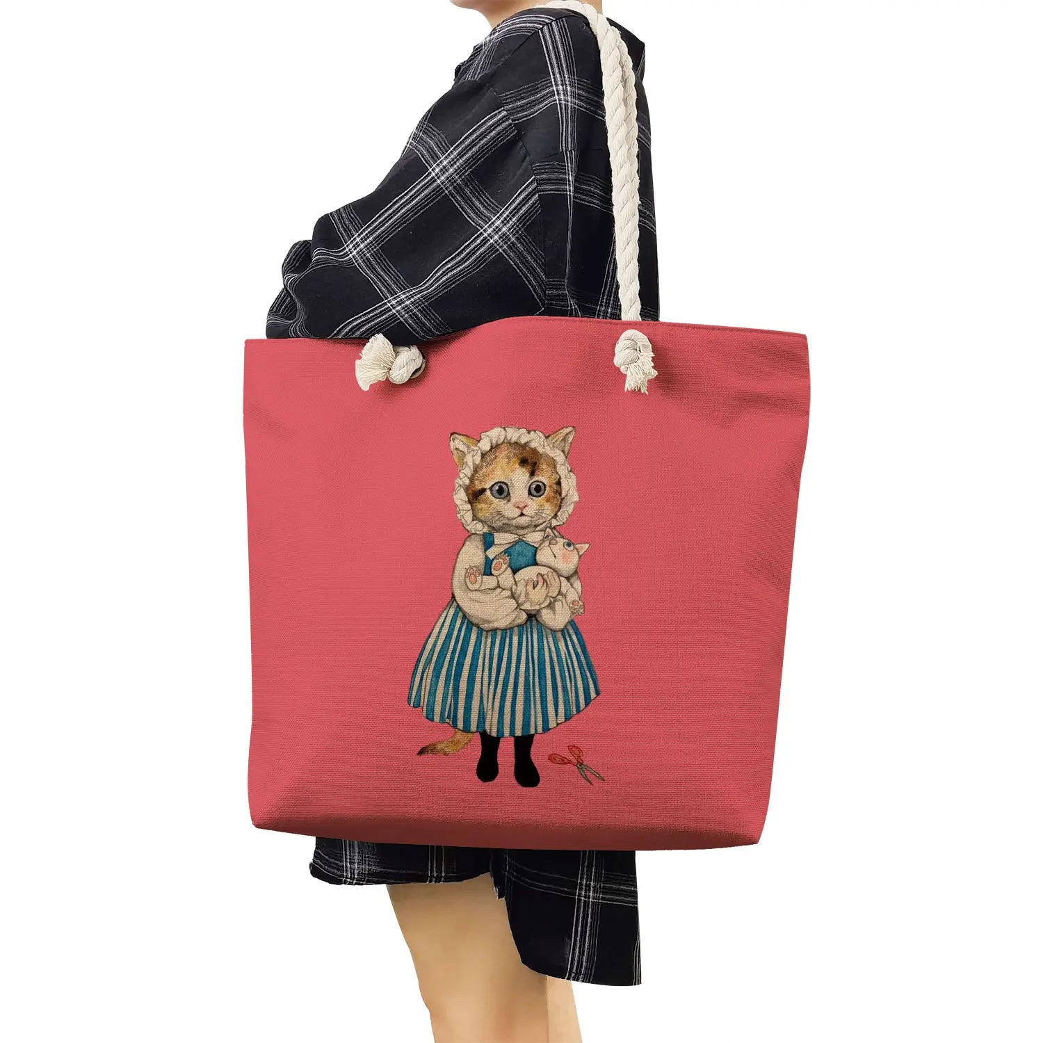 Japanese Style Cat Girl Print Handbag Thick Rope Bag Lady Shoulder Bag
