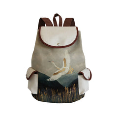 Japanese Style Red-Crowned Crane Drawstring Backpack for Girls