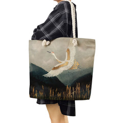 Japanese Crane Linen Women Handbag Eco Reusable Shopping Bag