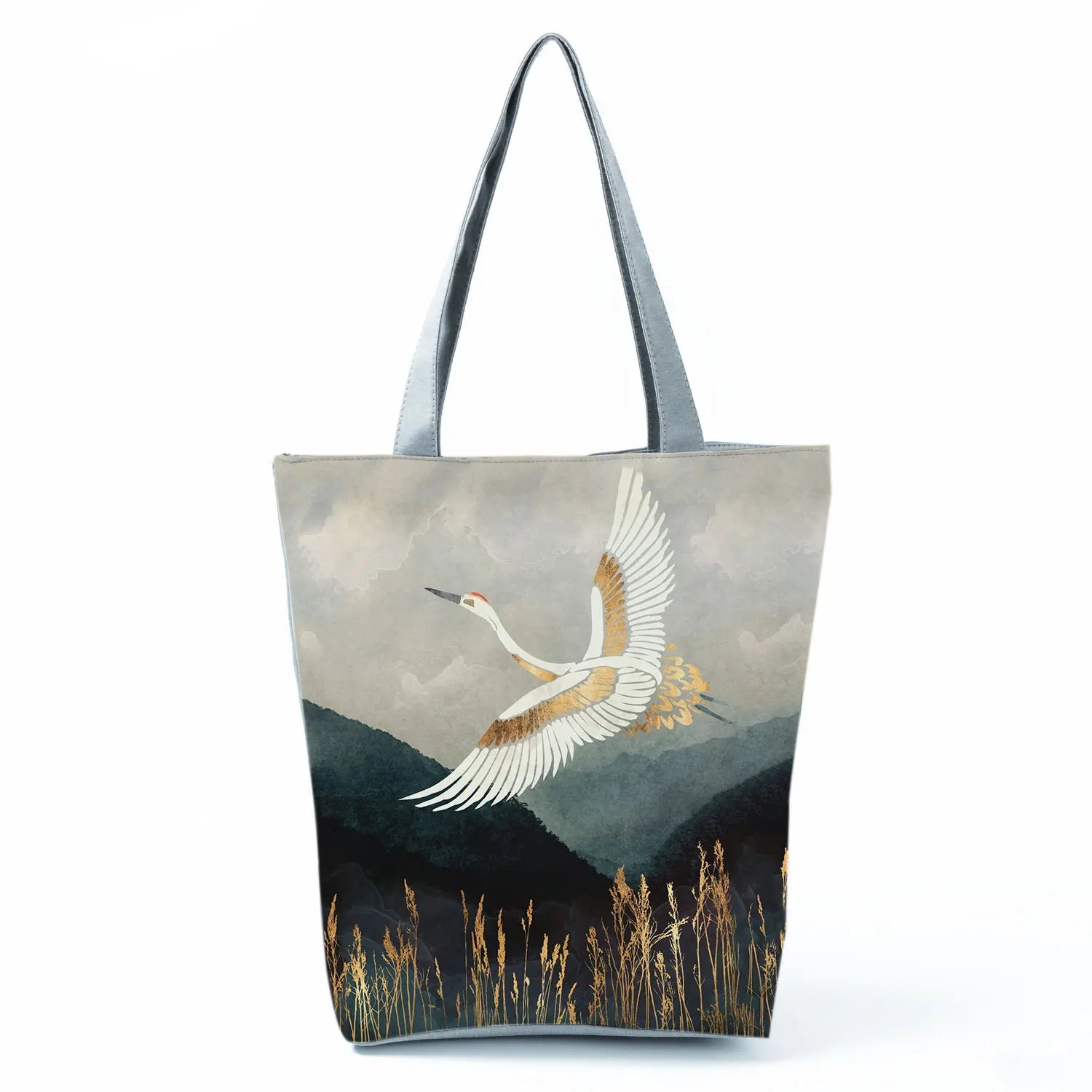Japanese Crane Printed Shoulder Bag High Capacity Tote