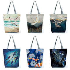 Japanese Crane Printed Shoulder Bag High Capacity Tote