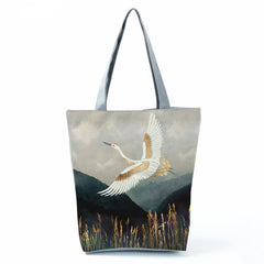 Japanese Crane Printed Shoulder Bag High Capacity Tote