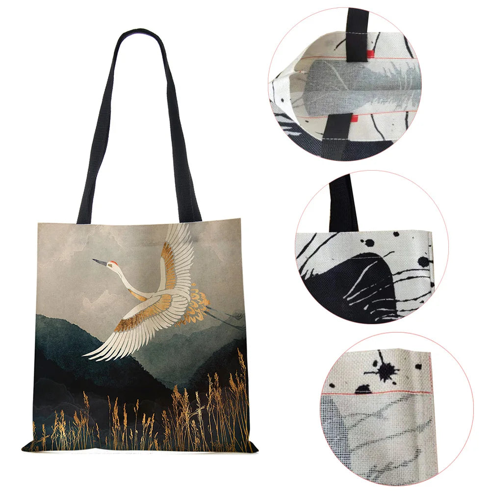 Japanese Crane Tote Bag Eco Reusable Shoulder Shopping Bags
