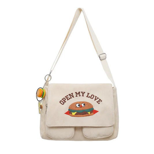 Japanese Vintage Corduroy Messenger Bag for Girls Women