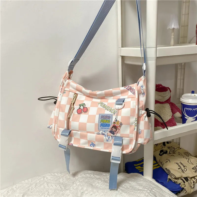 Japanese Women Plaid Messenger Bags Ladies Cover Shoulder Crossbody Bag