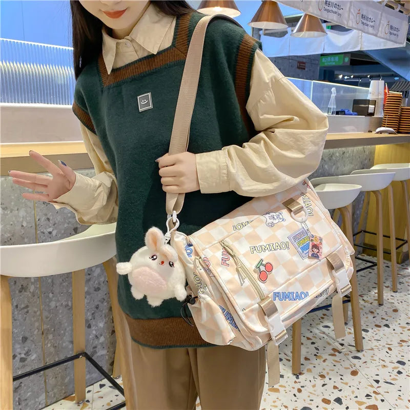 Japanese Women Plaid Messenger Bags Ladies Cover Shoulder Crossbody Bag