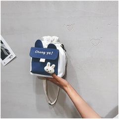 Japanese Women's Canvas Crossbody Bag Drawstring Student Small Bucket Bag
