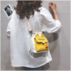 Japanese Canvas Crossbody Bag Drawstring Bucket Bag