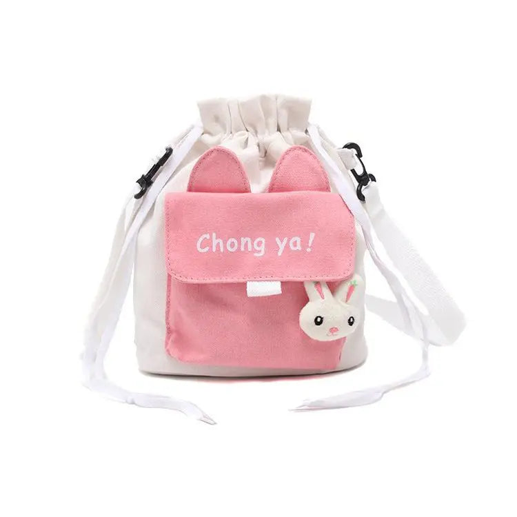 Japanese Women's Canvas Crossbody Bag Drawstring Student Small Bucket Bag