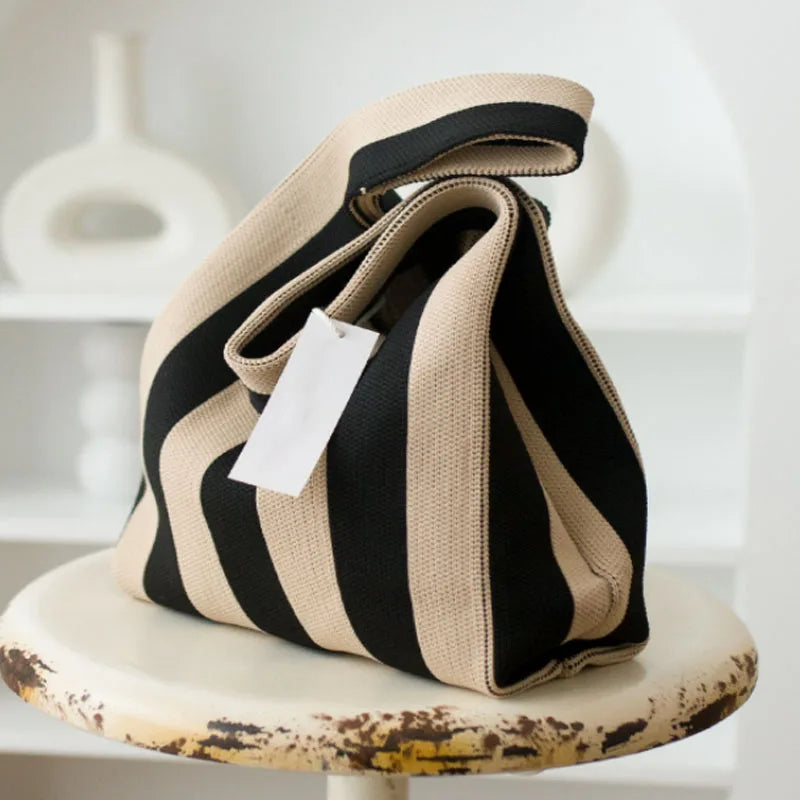 Japanese Candy Wool Knitting Women Handbag Striped Tote Bag