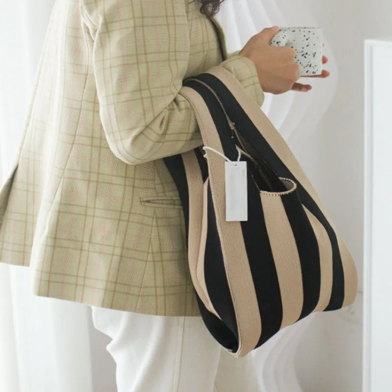 Japanese Candy Wool Knitting Women Handbag Striped Tote Bag