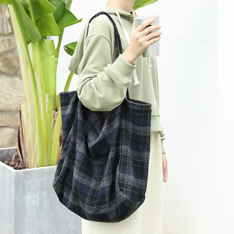 Japanese Art Canvas Tote Bag Plaid Shoulder Shopper Bag