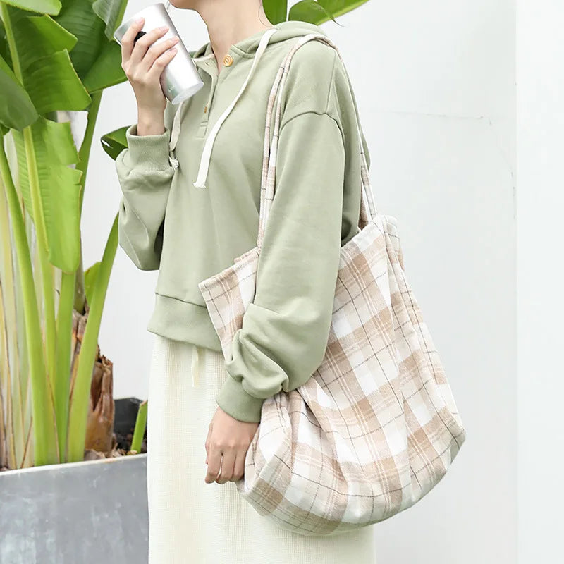 Japanese Art Canvas Tote Bag Plaid Shoulder Shopper Bag