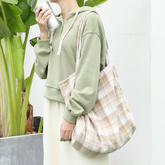Japanese Art Canvas Tote Bag Plaid Shoulder Shopper Bag