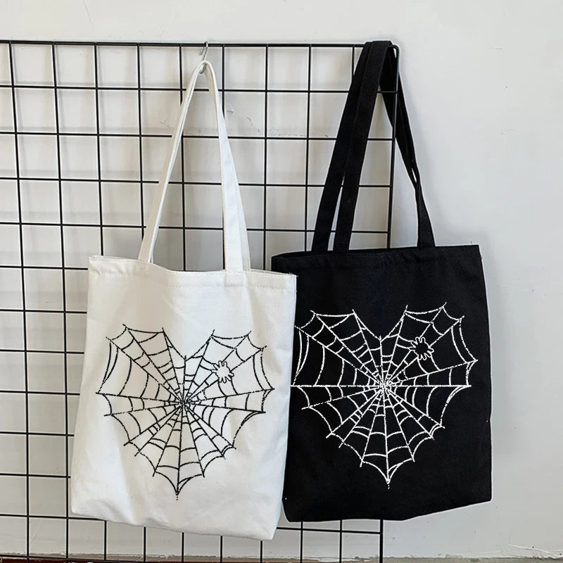 Japanese Gothic Spider Web Print Canvas Bag Vintage Large-Capacity