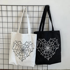 Japanese Gothic Spider Web Print Canvas Bag Vintage Large-Capacity