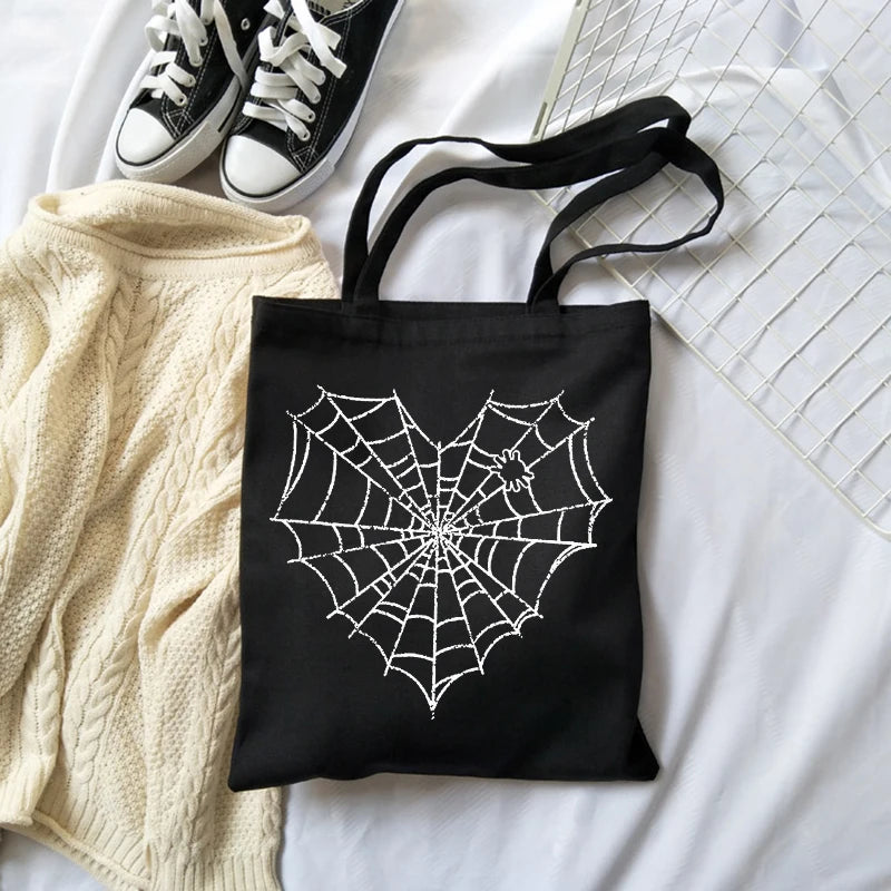 Japanese Gothic Spider Web Print Canvas Bag Vintage Large-Capacity