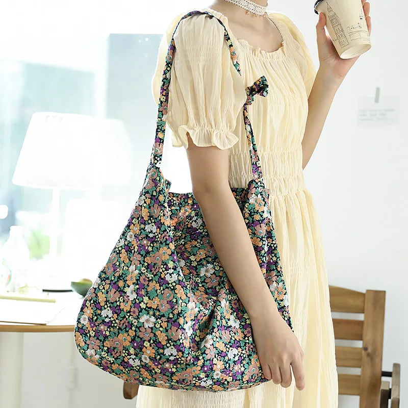 Floral Canvas Shoulder Bag for Women Casual Crossbody Large Capacity