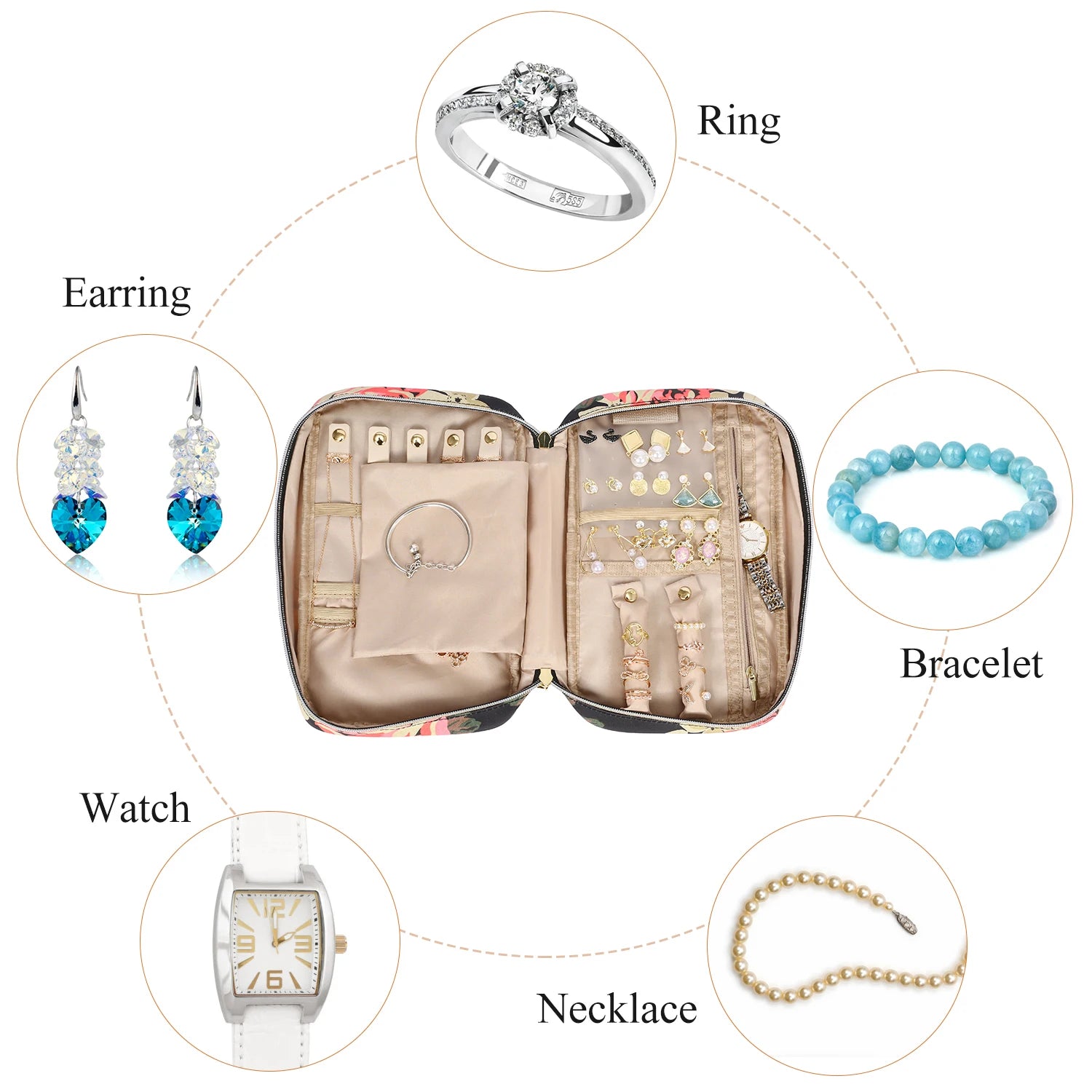 PU Leather Jewelry Storage Box Zipper Case Earring Holder