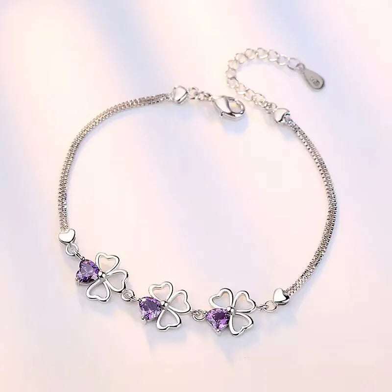 925 Silver Bracelet Purple Wedding Clover CZ 17CM+4CM