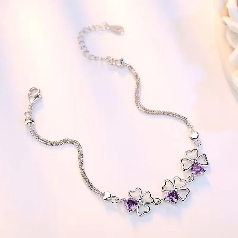 925 Silver Bracelet Purple Wedding Clover CZ 17CM+4CM