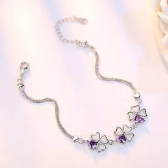 925 Silver Bracelet Purple Wedding Clover CZ 17CM+4CM