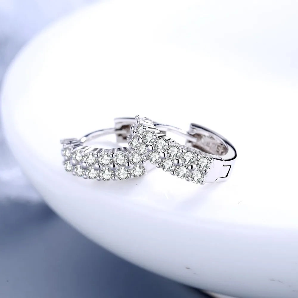 925 Silver Earrings Double Row Crystal Zircon Stud