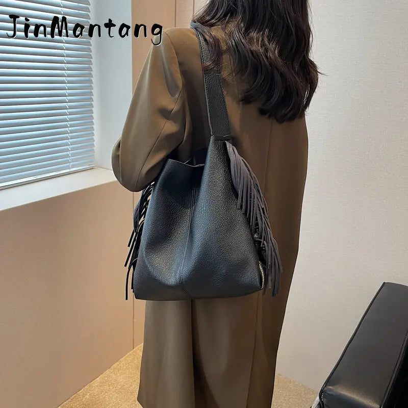 Vintage Tassels Shoulder Side Bag for Women - Small Crossbody Bucket Handbag