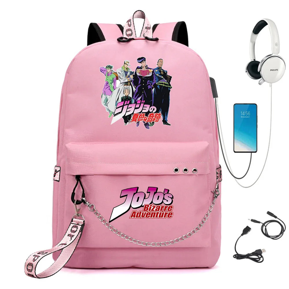 JoJo's Bizarre Adventure Nylon Backpack USB Schoolbag Cartoon Student Laptop Bag