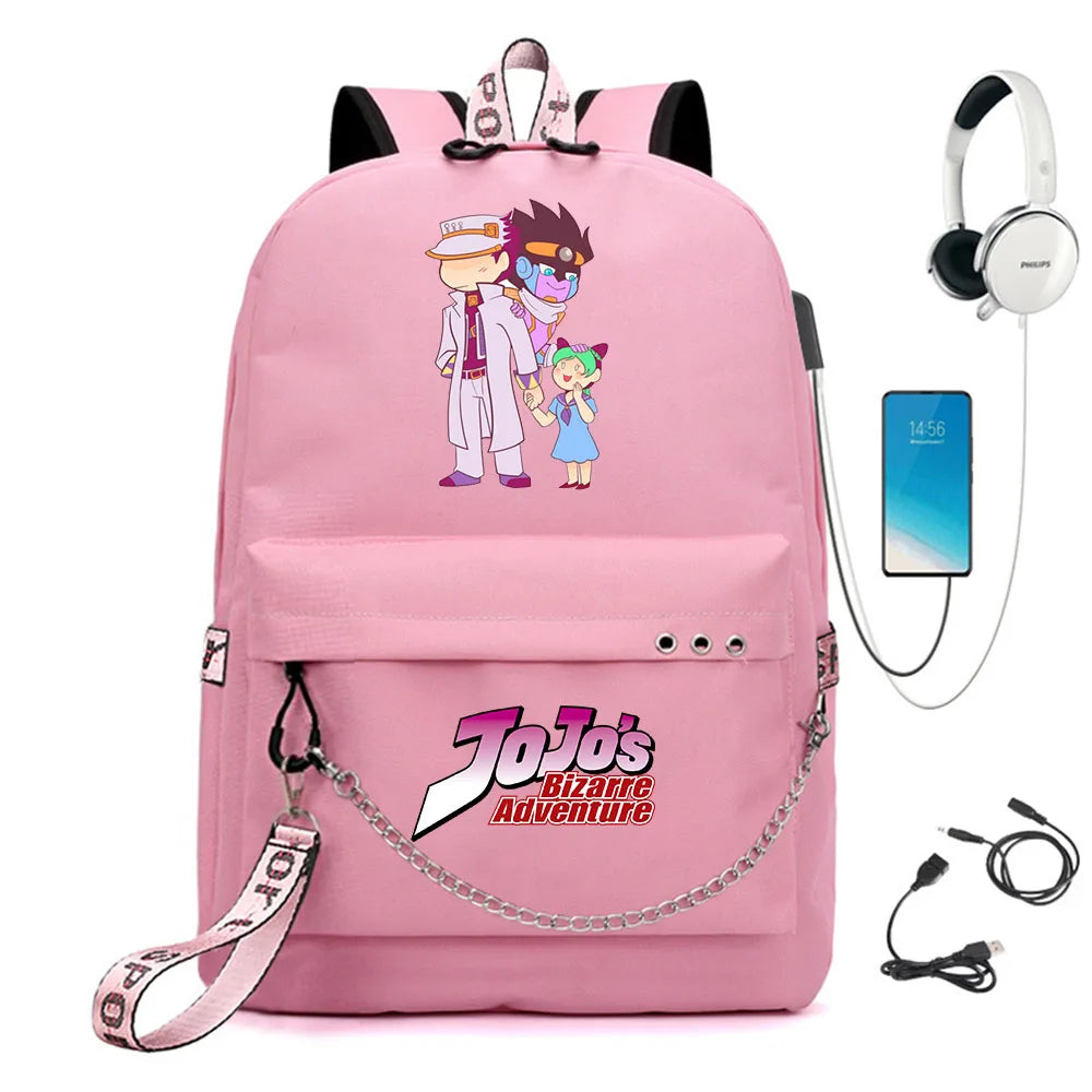 JoJo's Bizarre Adventure Nylon Backpack USB Schoolbag Cartoon Student Laptop Bag
