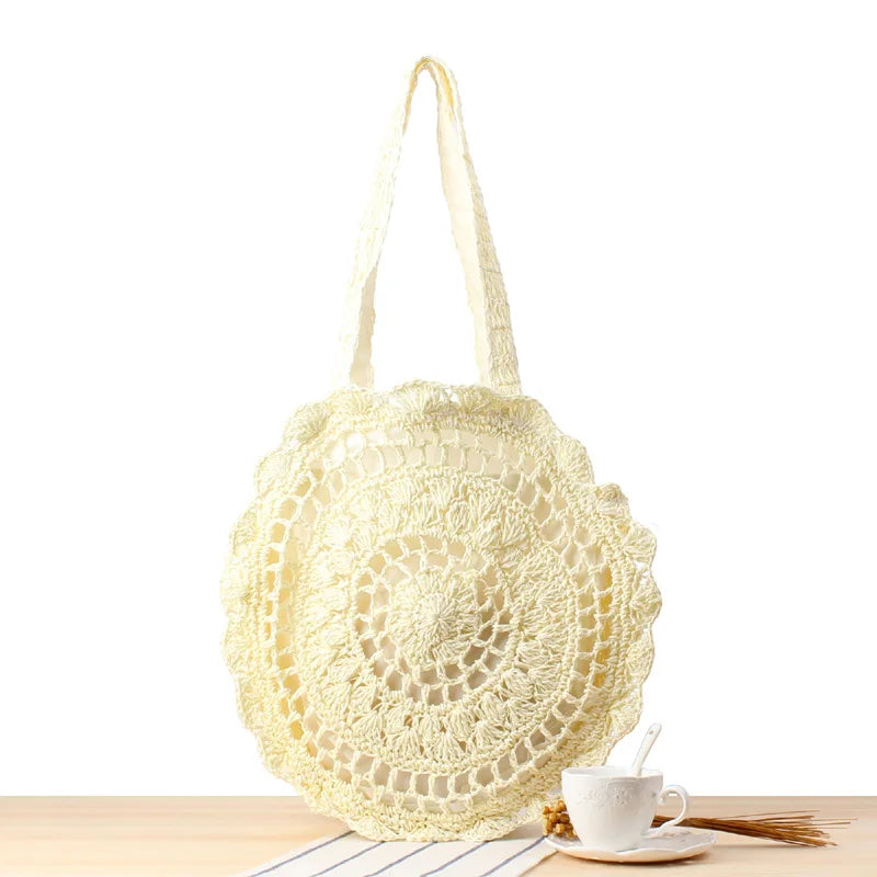 Bohemian Hollow Out Round Straw Bag Crochet Women Beach Shoulder Bag