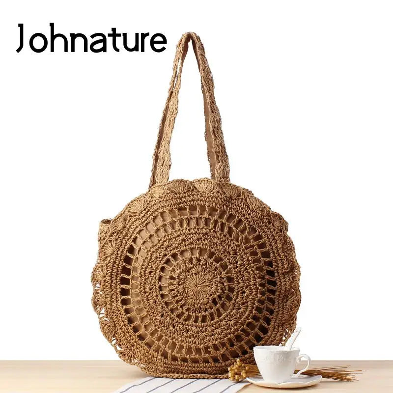 Bohemian Hollow Out Round Straw Bag Crochet Women Beach Shoulder Bag