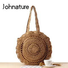 Bohemian Hollow Out Round Straw Bag Crochet Women Beach Shoulder Bag