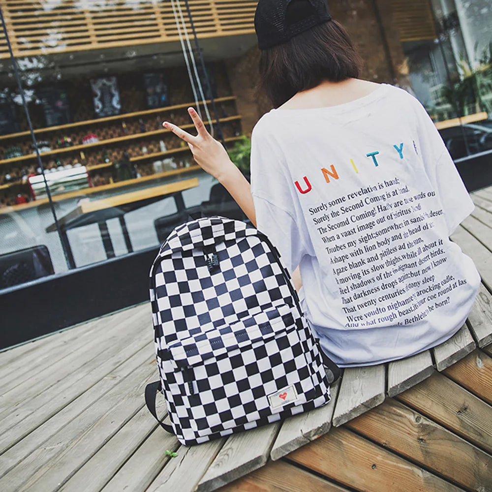 Joker Casual Canvas Backpack Plaid Zipper School Bag