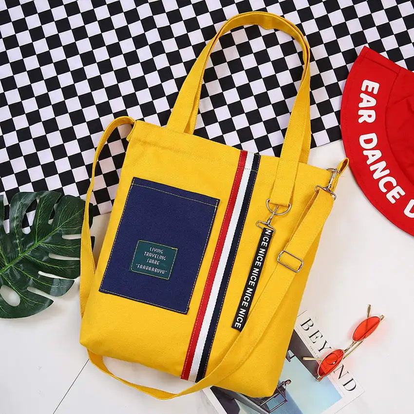 Patchwork Canvas Tote Shopping Bag with Removable Chain Strap